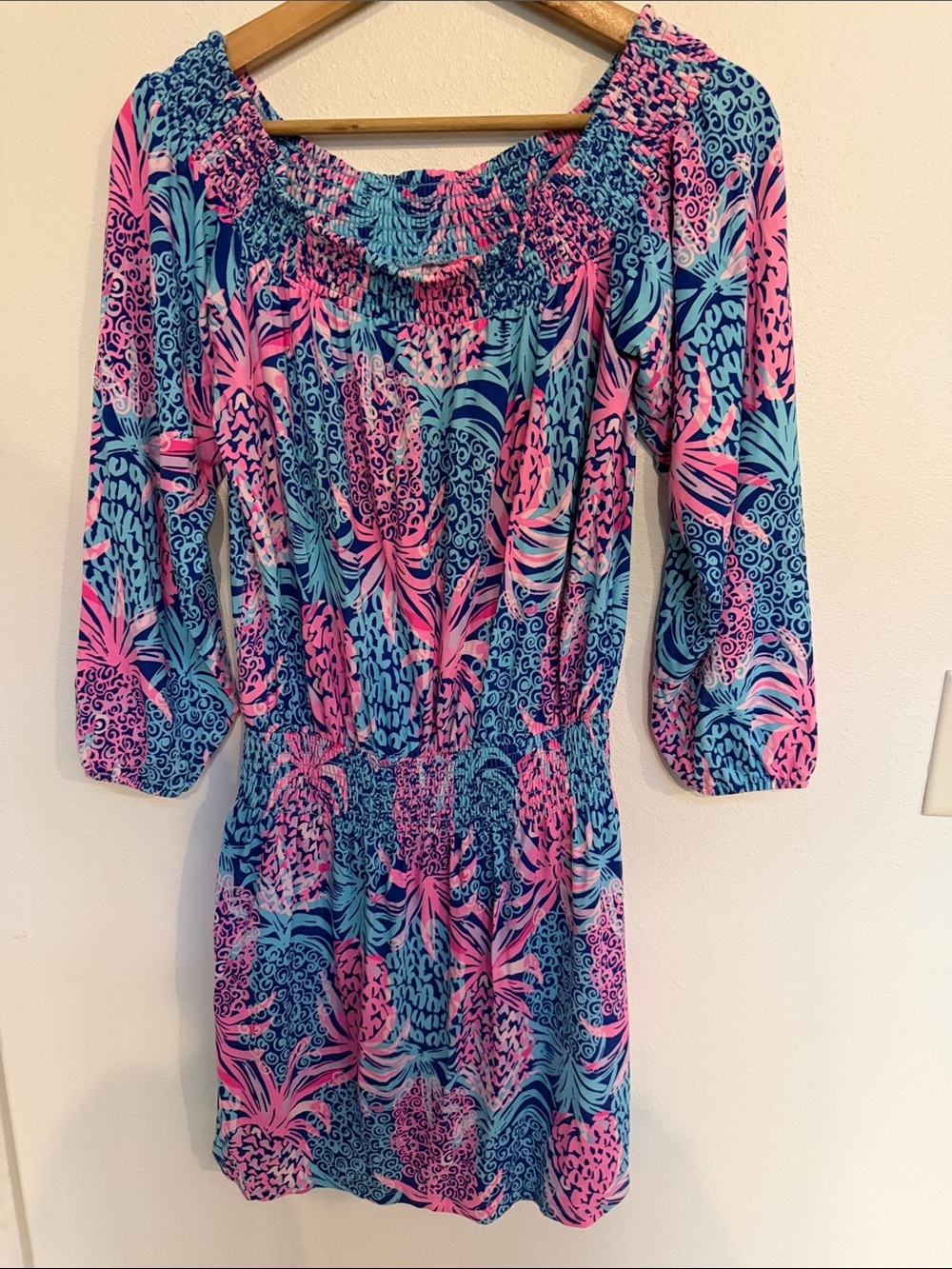 Lilly Pulitzer Blue and Pink Tropical Smocked-Waist skirt